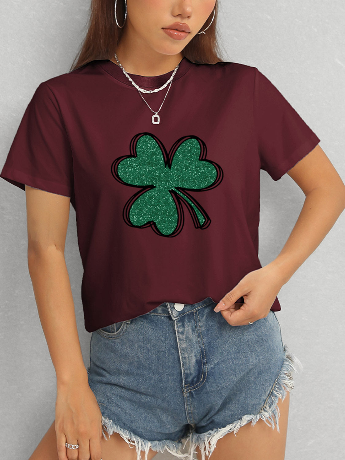 Burgundy Clover T-Shirt with Denim Shorts