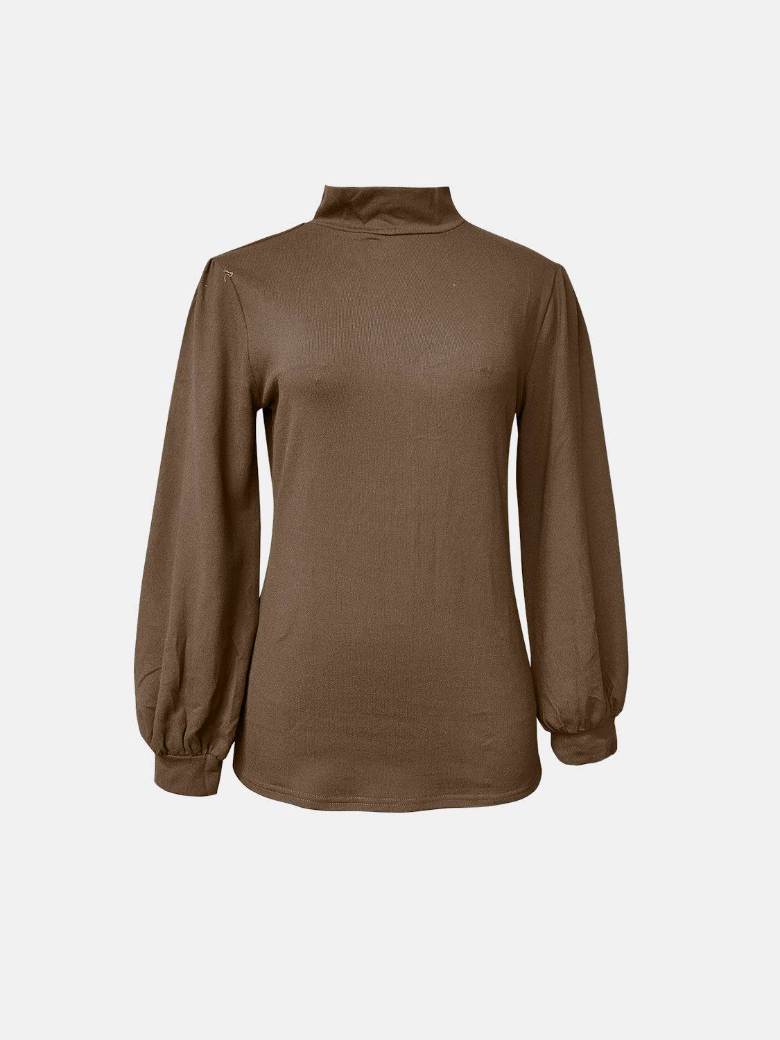Brown full size mock neck long sleeve t-shirt, front view