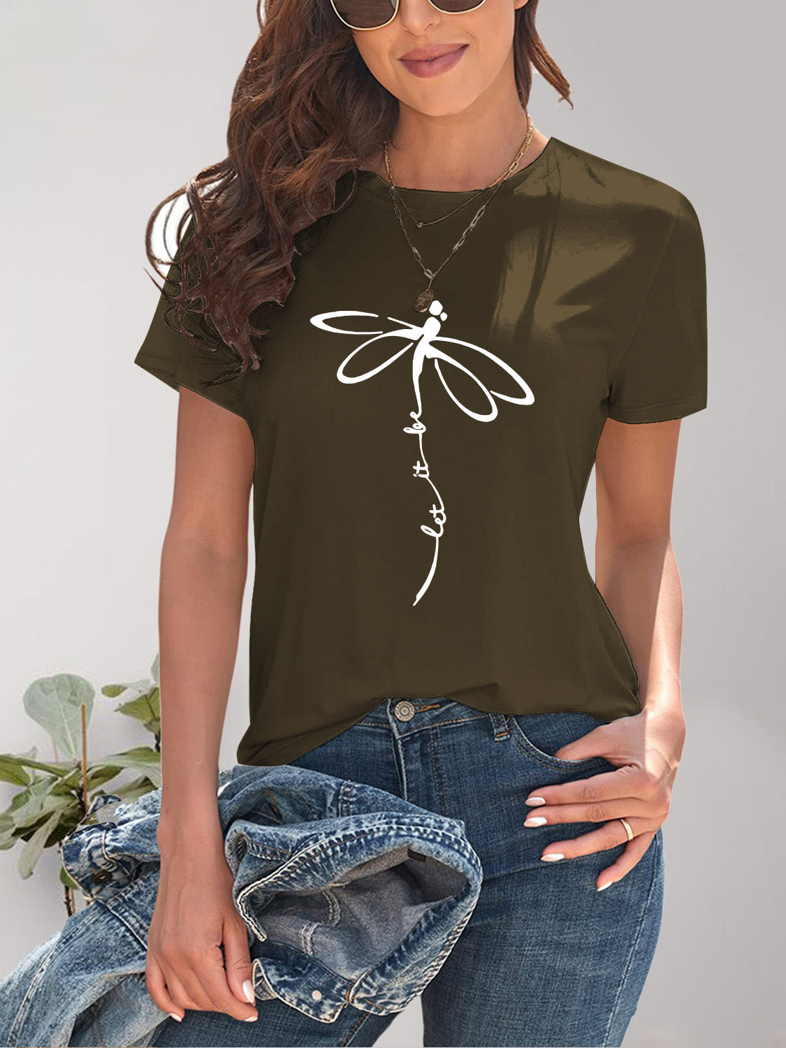 Dark olive dragonfly graphic round neck t-shirt