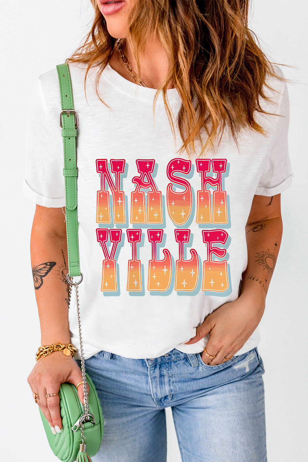 Nashville letter graphic round neck short sleeve T-shirt