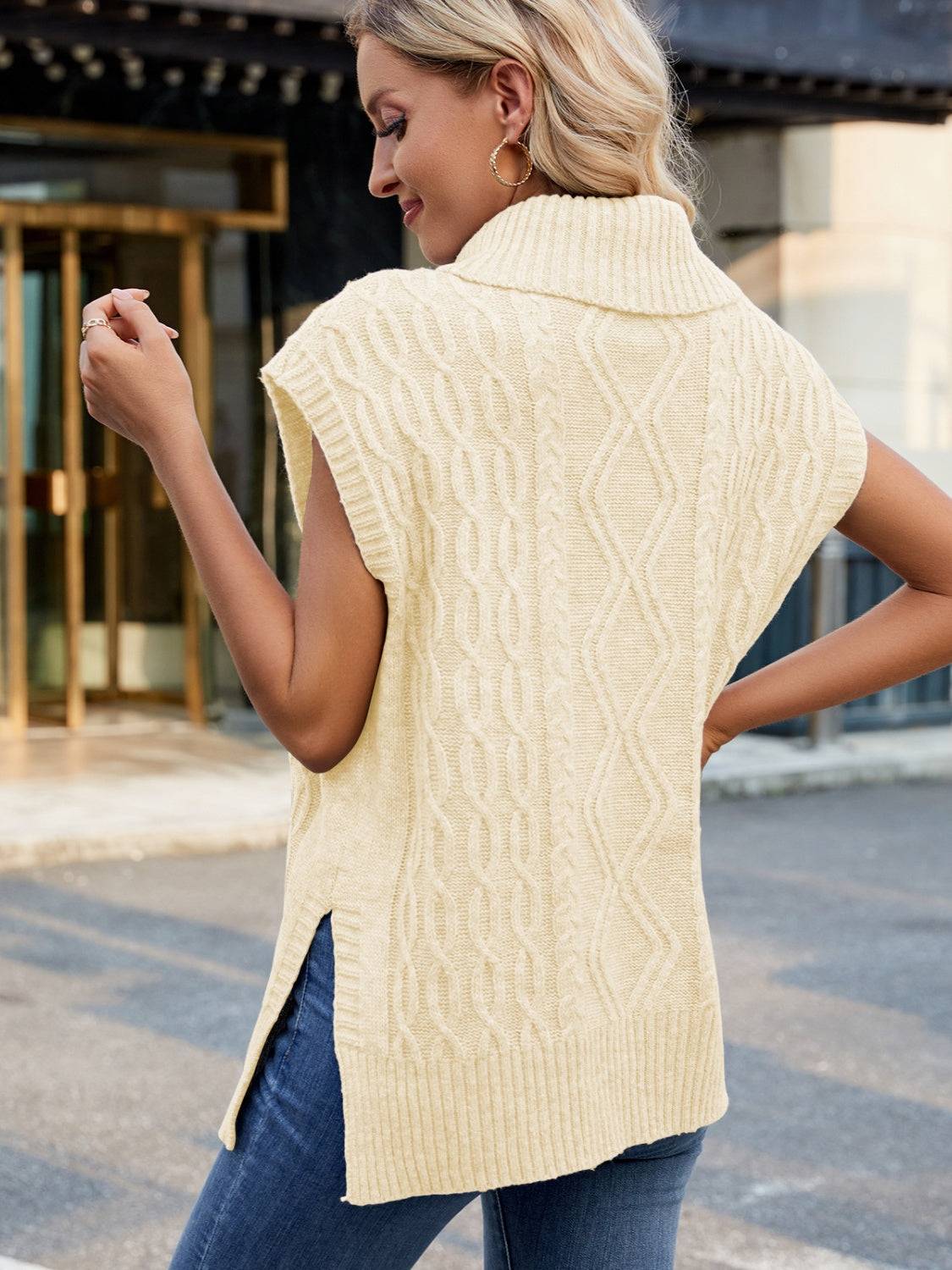 Back view of yellow turtleneck sweater vest