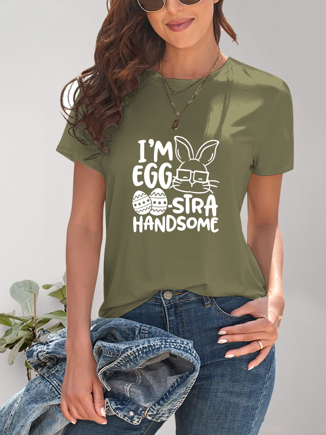 Olive graphic round neck short sleeve T-shirt