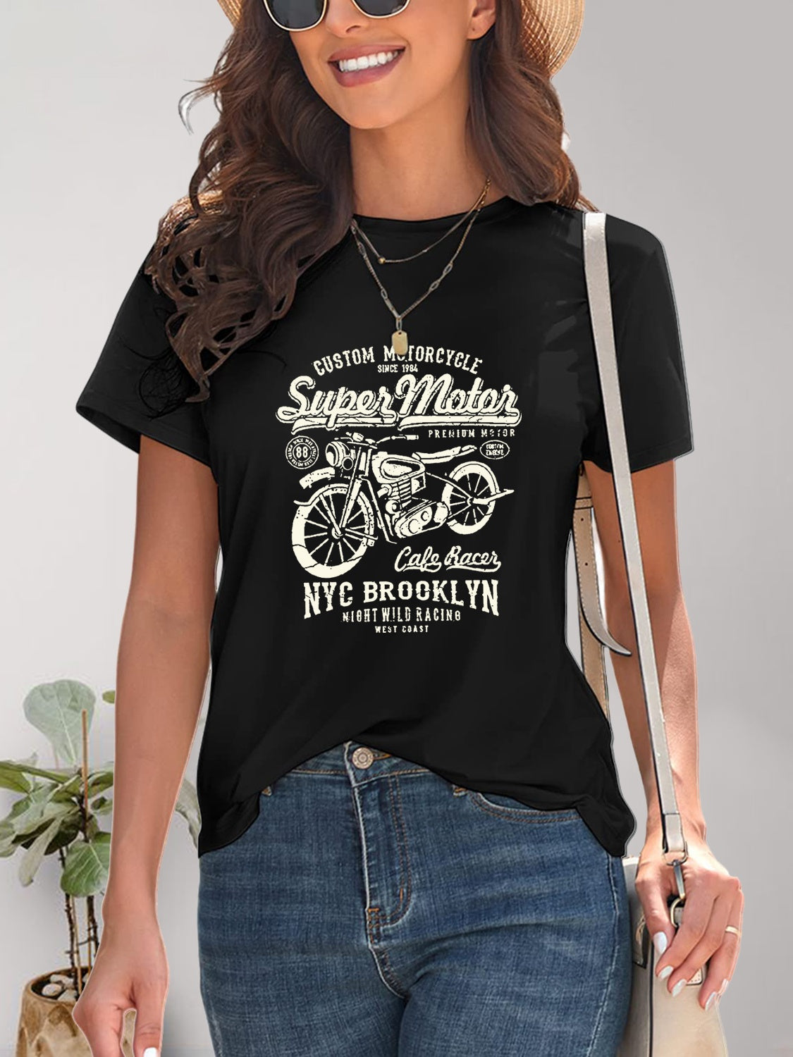 Black motorcycle graphic round neck T-shirt, styled front view