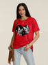 Red cat print round neck T-shirt with dropped shoulders