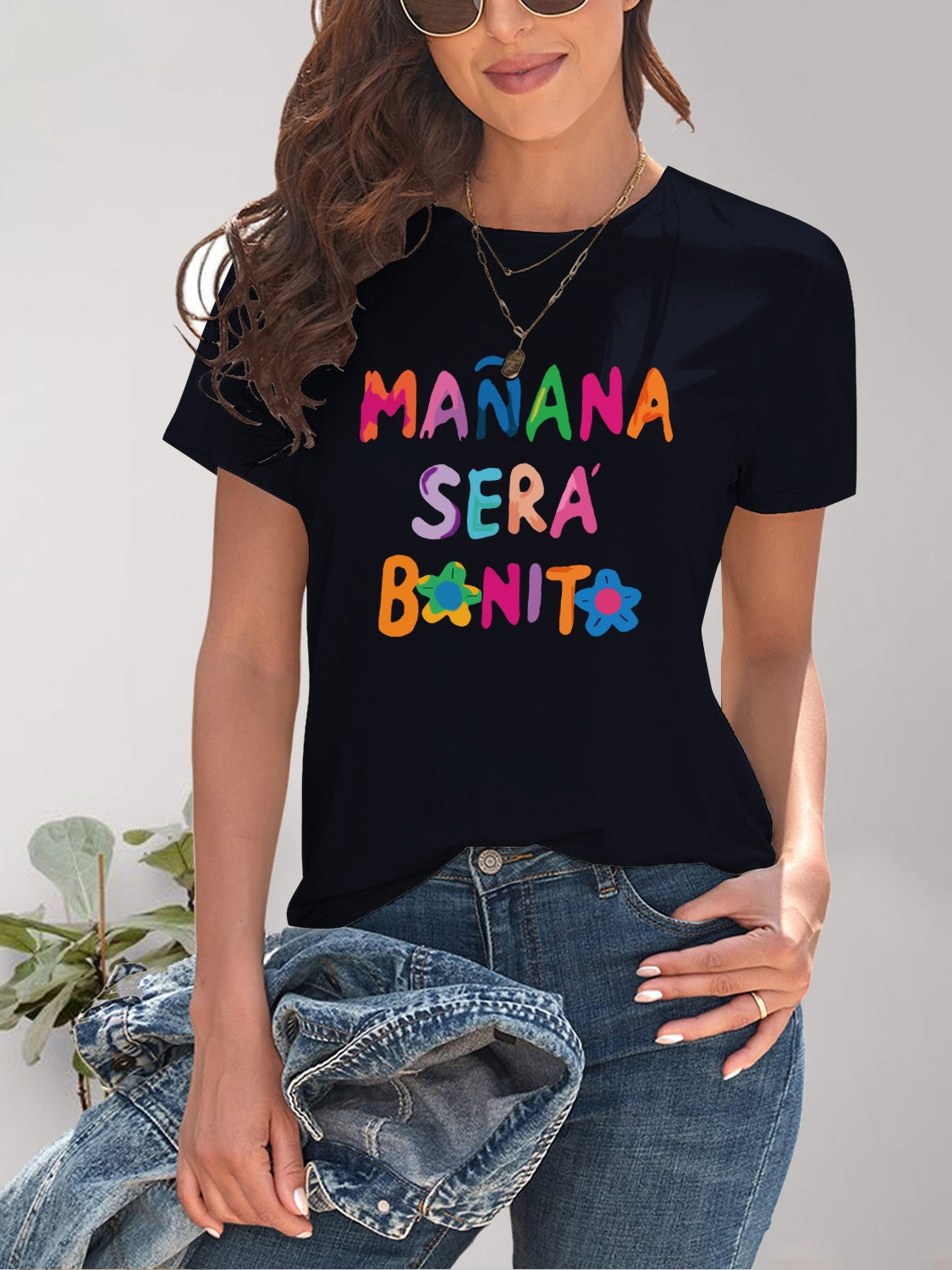 Dark blue T-shirt with colorful &