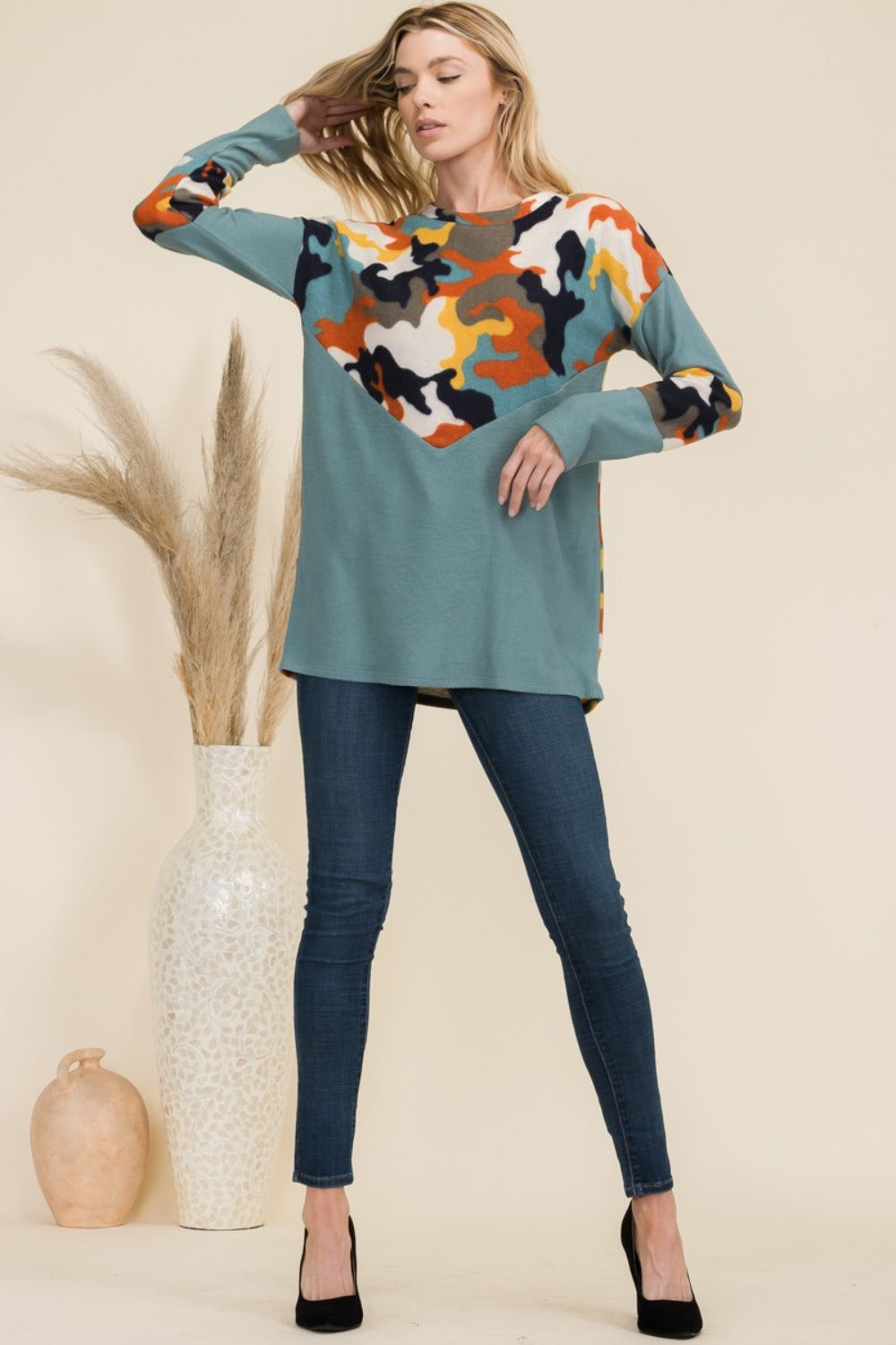 Celeste camo print contrast long sleeve t-shirt full outfit