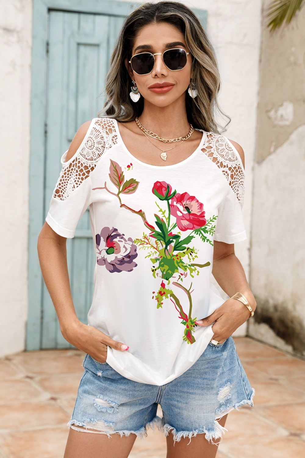 White blouse with bird print and lace cold shoulder