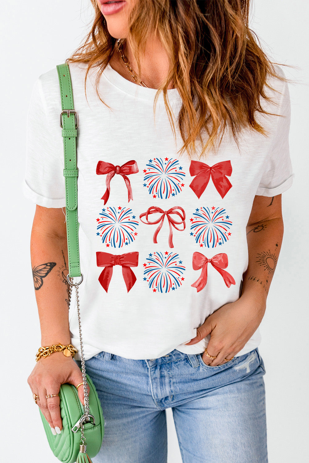 White T-shirt with red bow graphic design, front view
