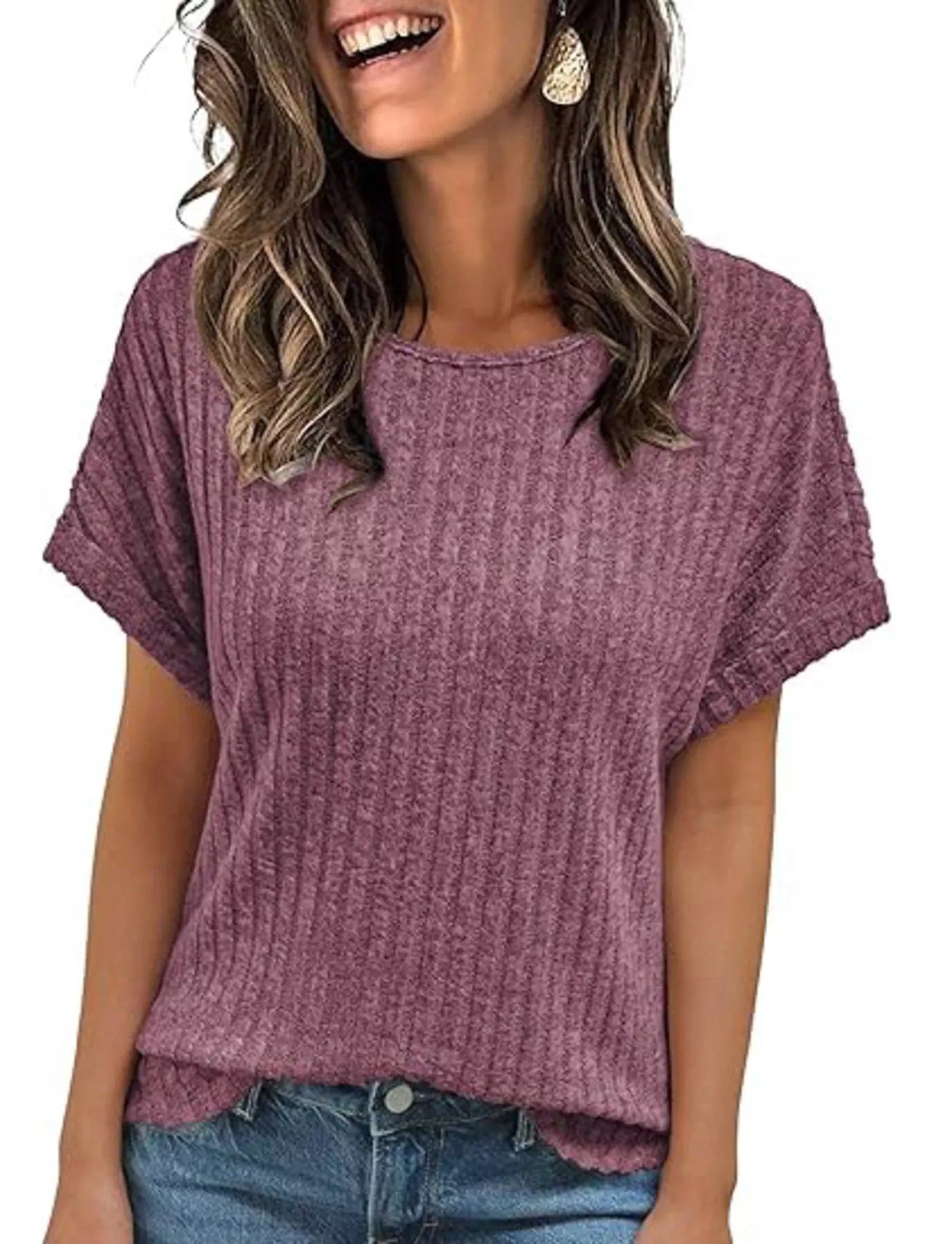 Casual Ribbed Knit Short Sleeve T-Shirt