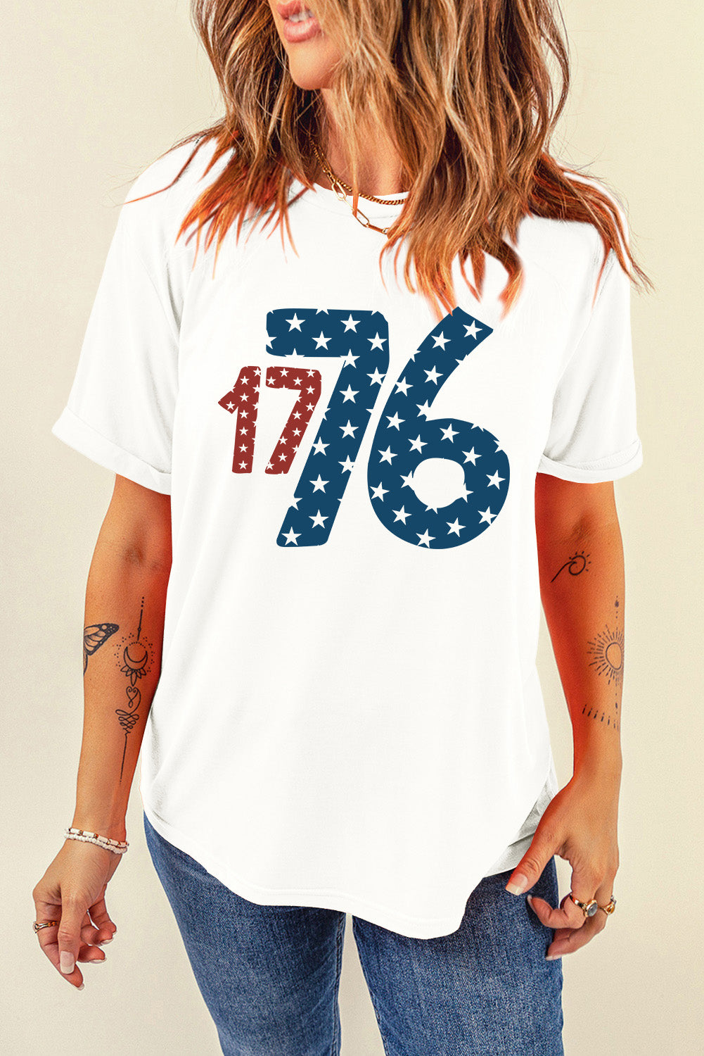 White 1776 round neck short sleeve t-shirt with star design