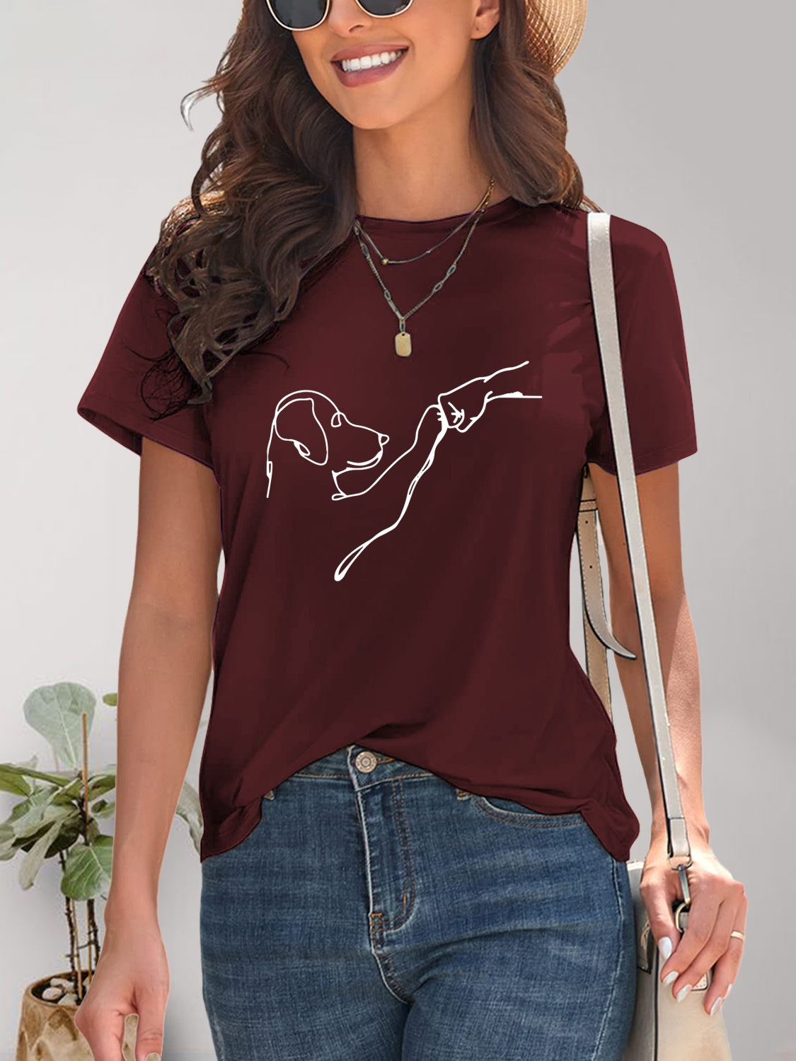 Burgundy dog graphic round neck t-shirt front view