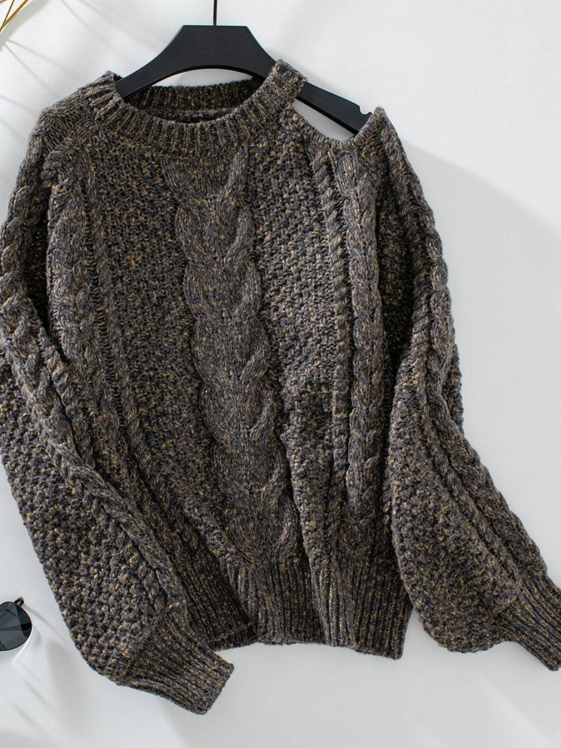 Dark cable knit cold shoulder sweater, front view