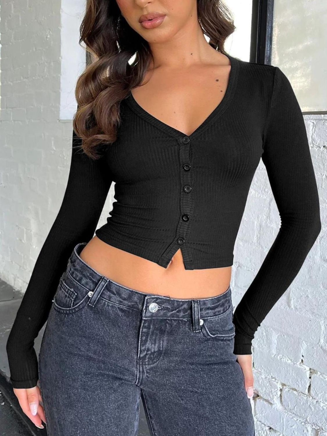 Black buttoned V-neck long sleeve T-shirt, front view
