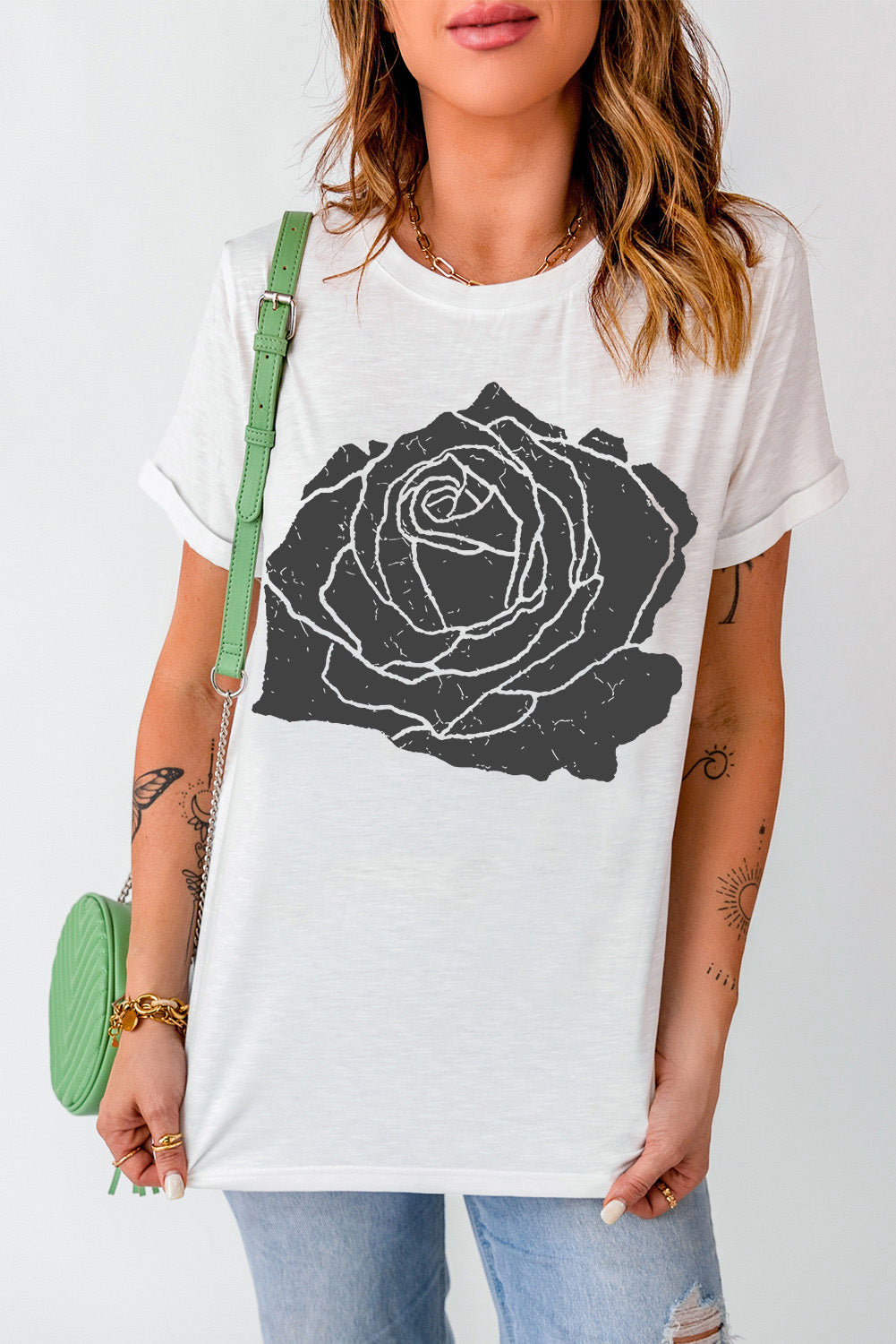 Short sleeve white T-shirt with black rose graphic, round neck