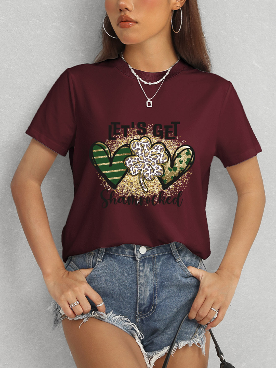 Maroon Shamrock T-Shirt with Denim Shorts