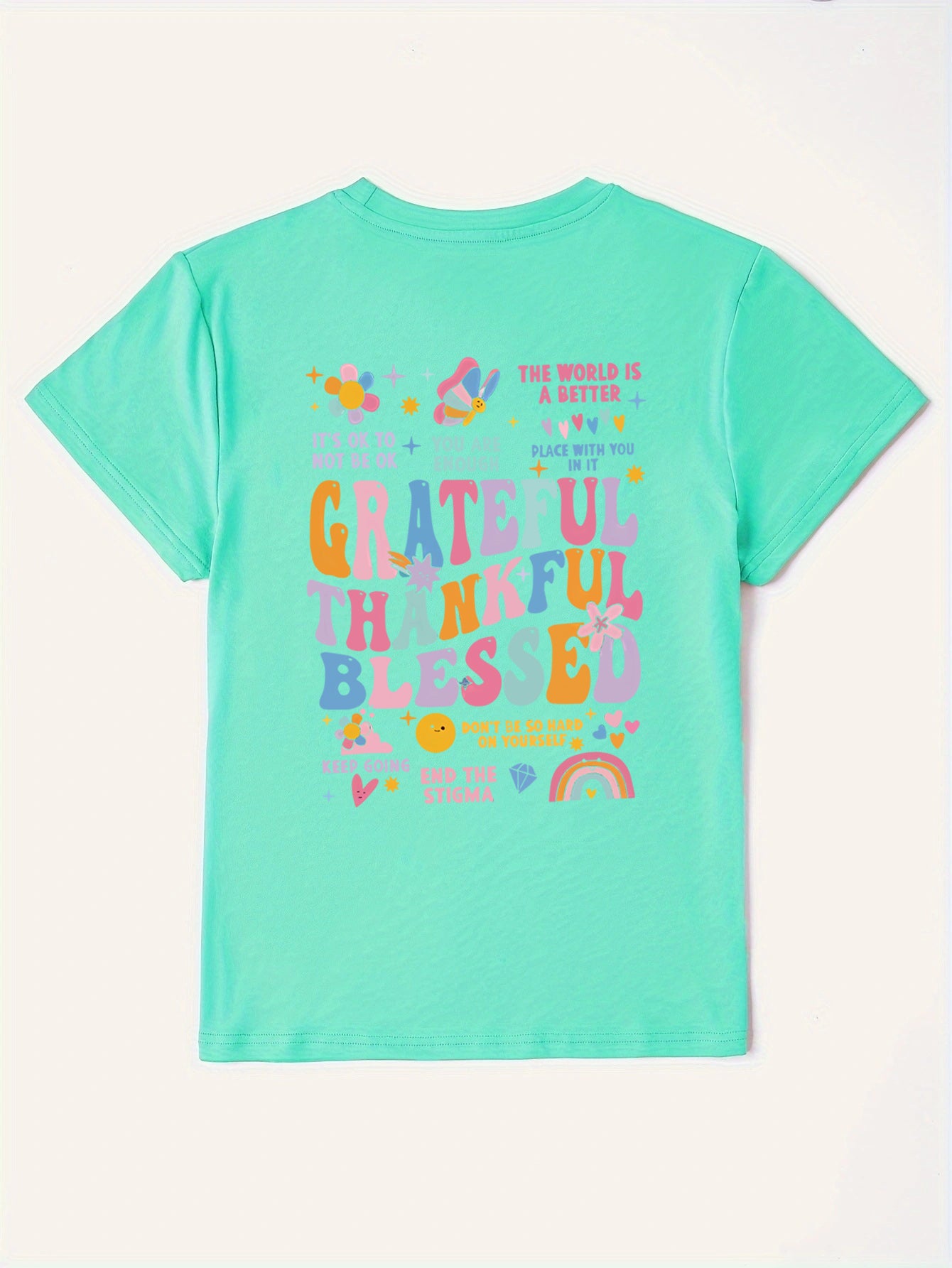 Mint T-shirt with colorful gratitude graphic on back