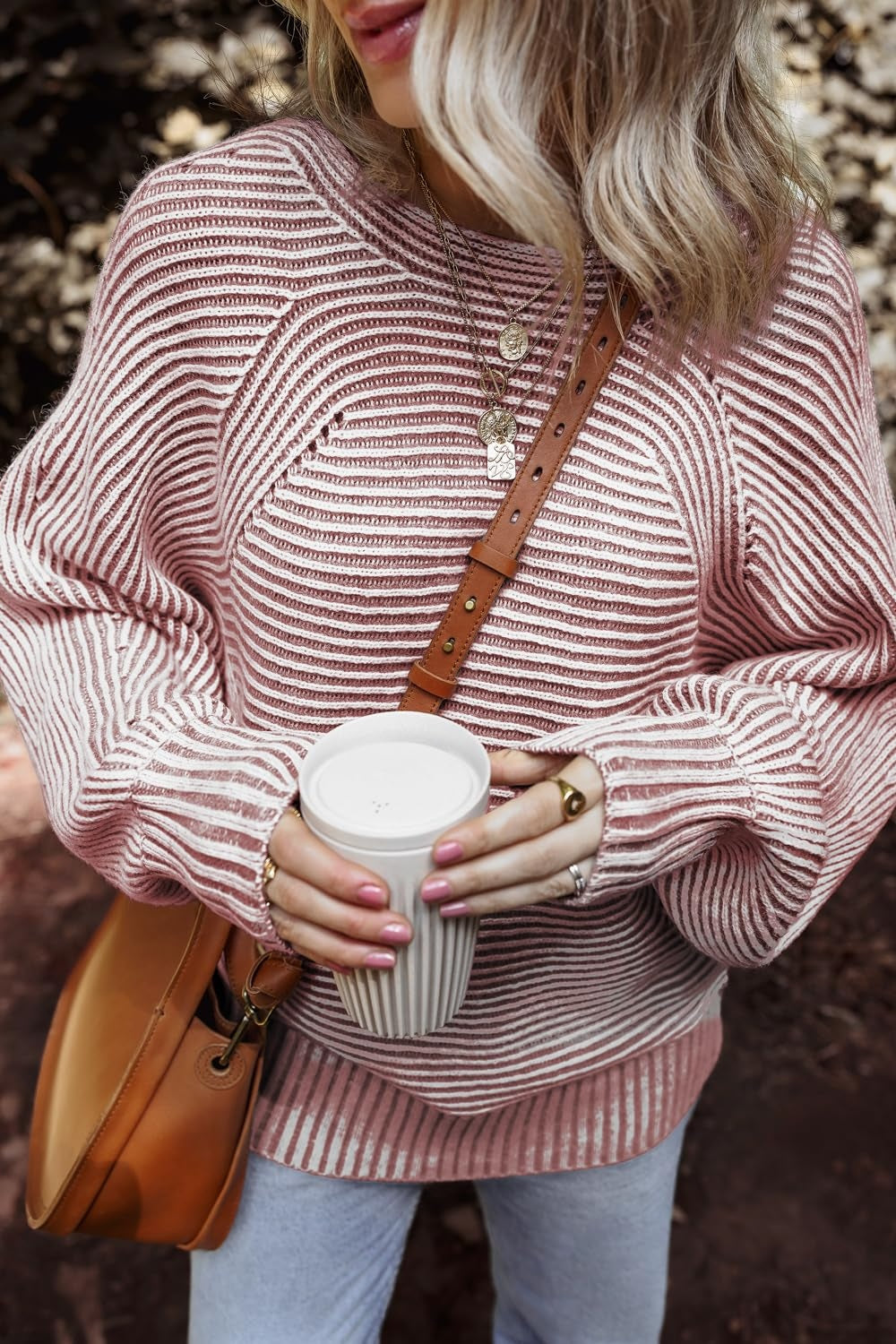 Pink textured striped round neck long sleeve top
