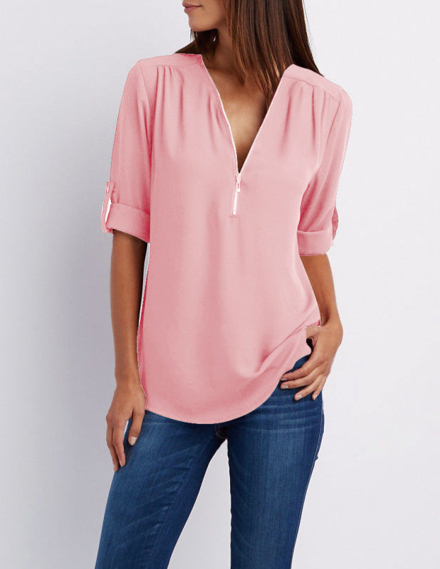 V-Ausschnitt Reißverschluss große Größe Langarm-Pullover aus Chiffon für Pendler mit lockerem Schnitt