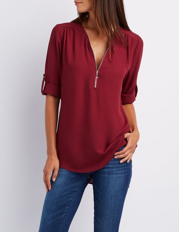 V-Ausschnitt Reißverschluss große Größe Langarm-Pullover aus Chiffon für Pendler mit lockerem Schnitt