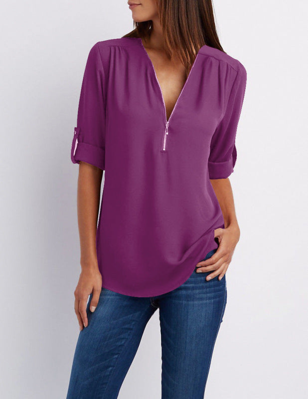 V-Ausschnitt Reißverschluss große Größe Langarm-Pullover aus Chiffon für Pendler mit lockerem Schnitt