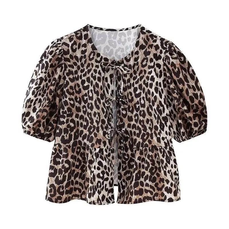 Leopard print puff sleeve lace-up top, front view
