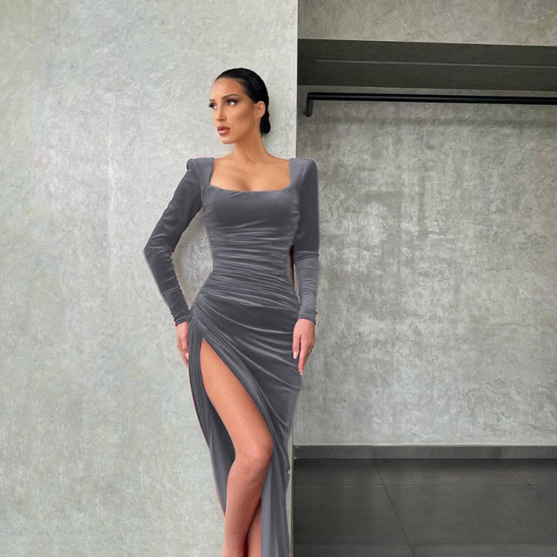 Damen-Minikleid mit quadratischem Ausschnitt und hoher Taille und Schlitz