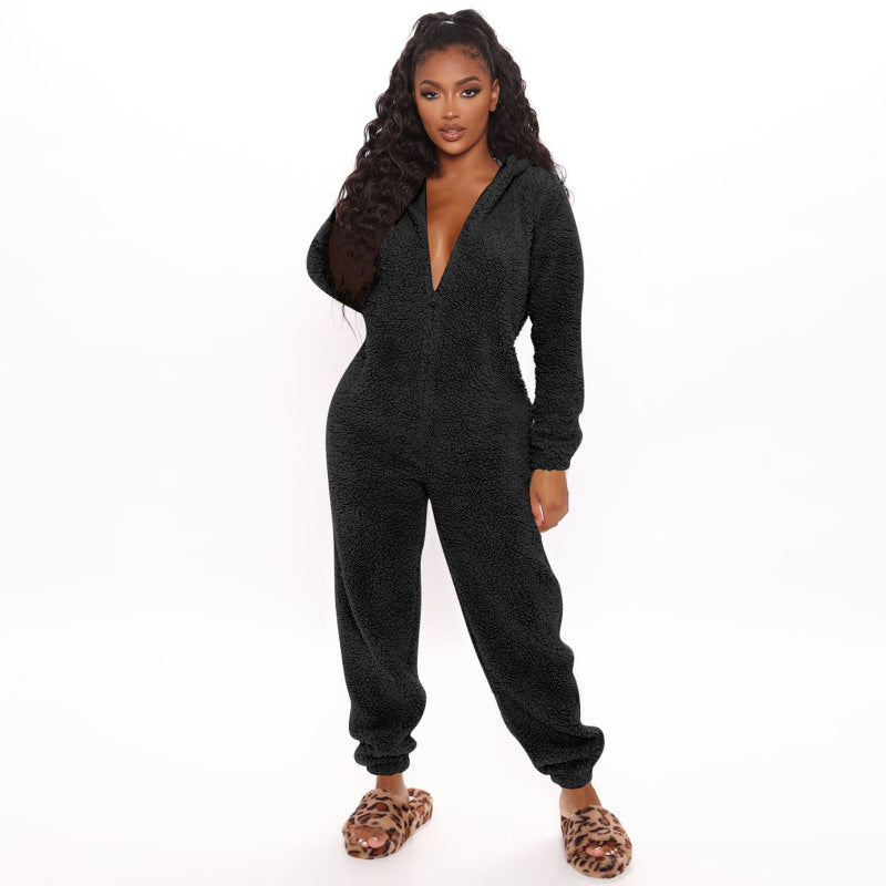 Langärmliger, lässiger Jumpsuit mit Kapuze und Hose aus Plüsch