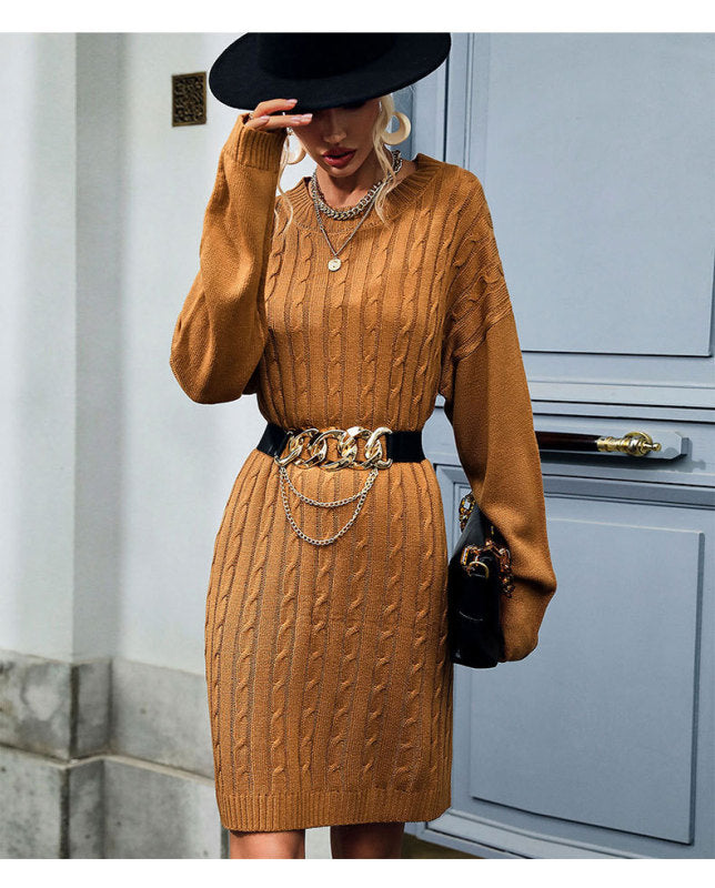 Robe pull en tricot de couleur unie à manches longues et col rond à motif en lin