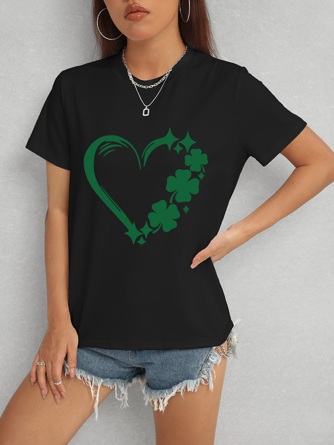 Black Heart Lucky Clover T-Shirt with denim shorts