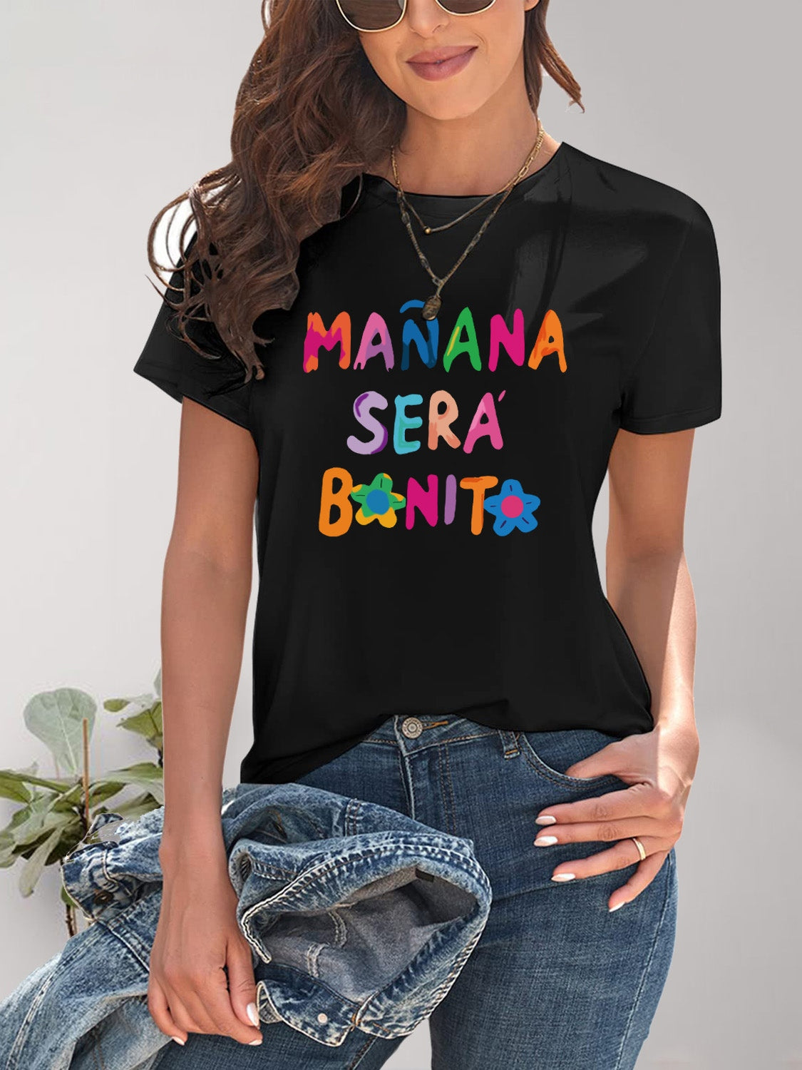 Black T-shirt with colorful &