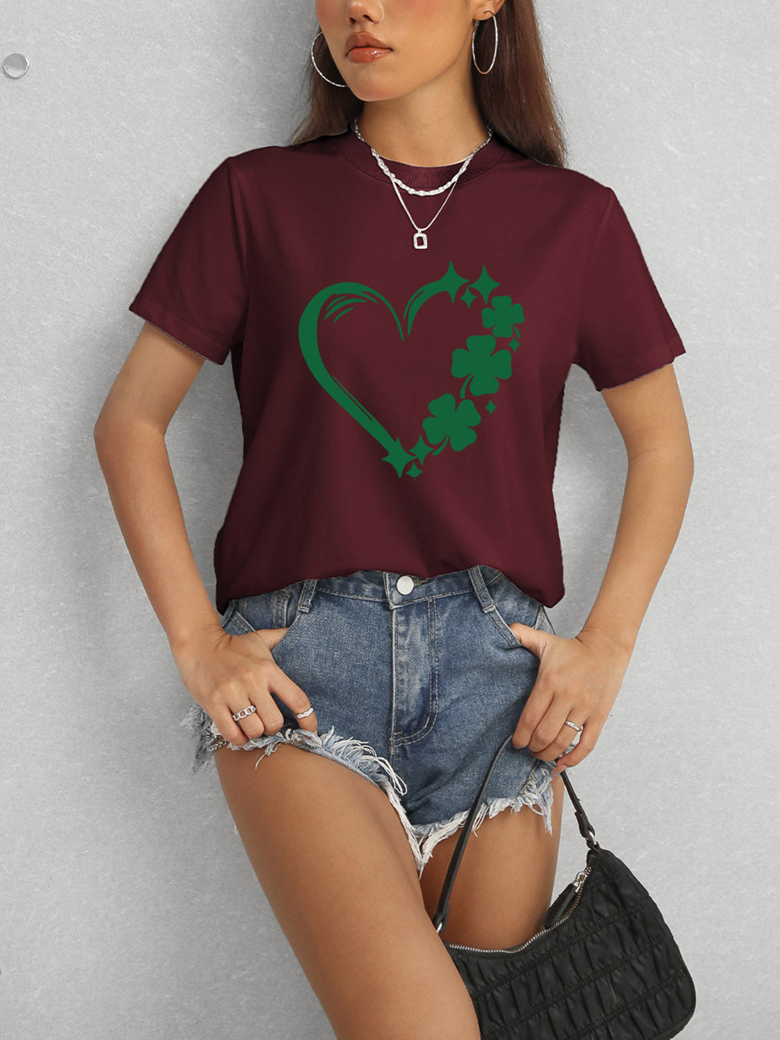 Burgundy Heart Lucky Clover T-Shirt styled with shorts