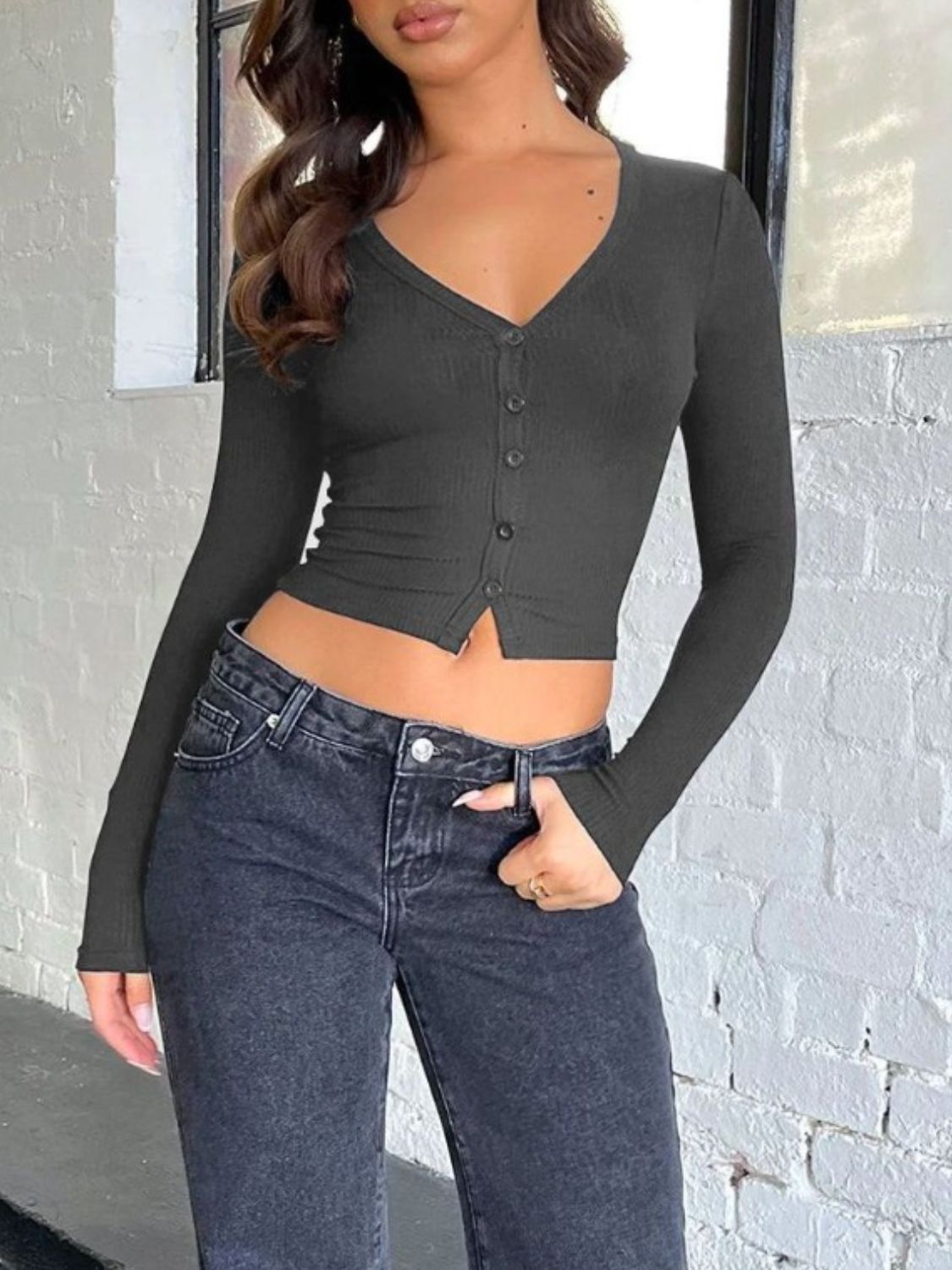 Gray buttoned V-neck long sleeve T-shirt, front view