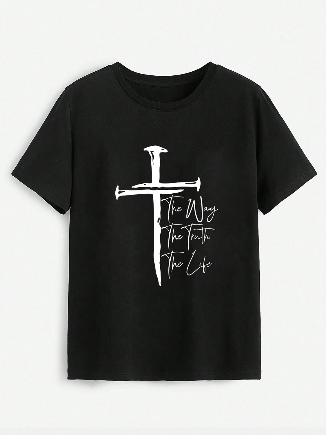 Black round neck t-shirt with cross graphic design