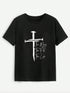 Black round neck t-shirt with cross graphic design