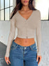 Beige buttoned V-neck long sleeve T-shirt, front view