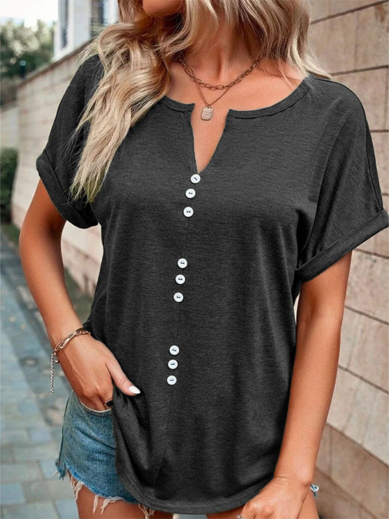 Full Size Decor Button Short Sleeve T-Shirt Plus Size