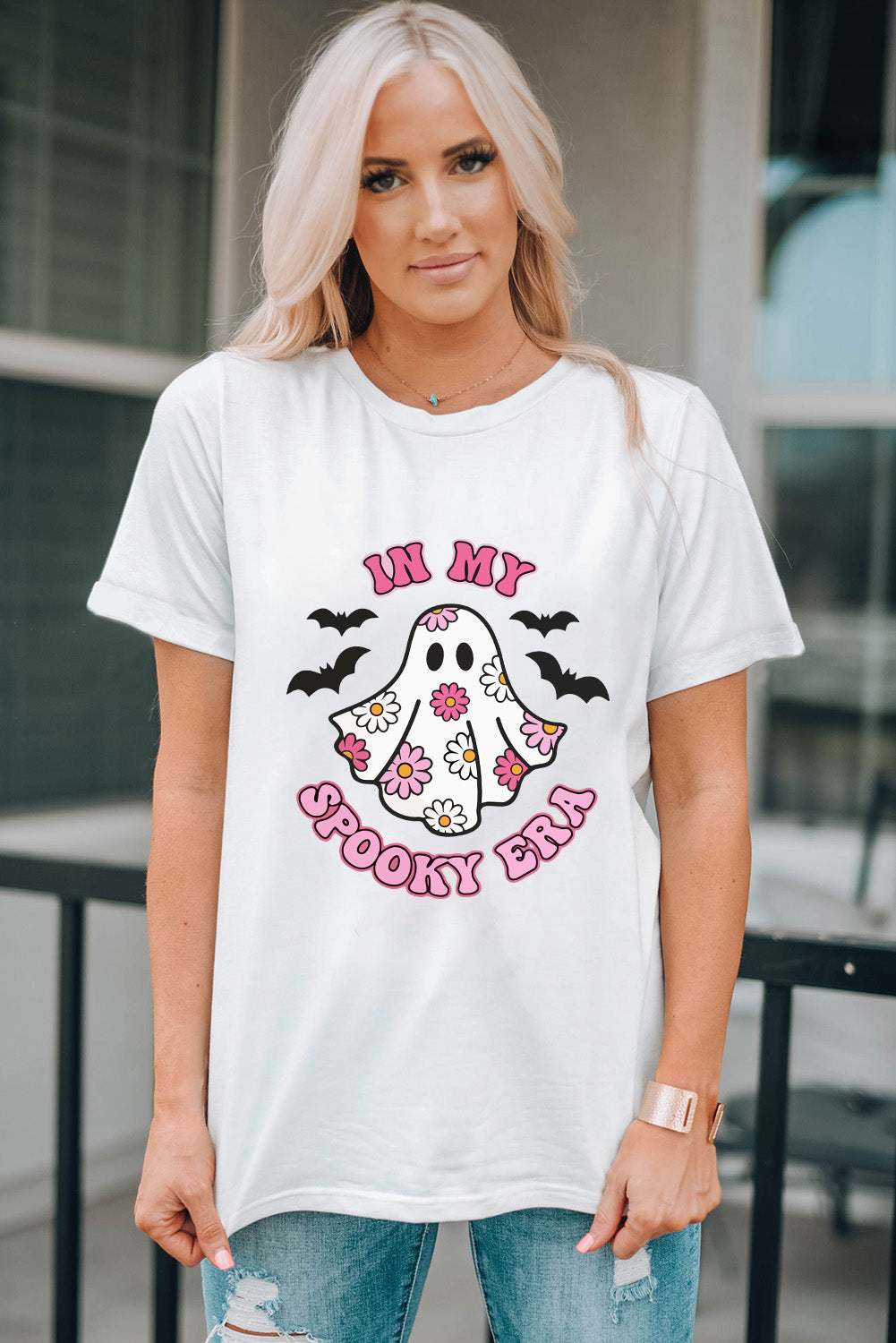 White graphic T-shirt with &