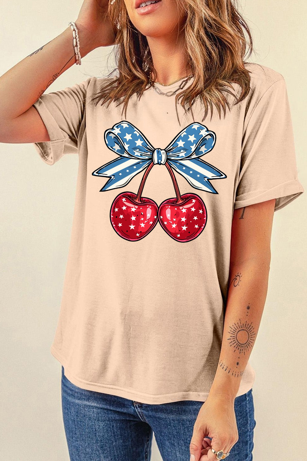 Cherry graphic round neck short sleeve T-shirt, front view