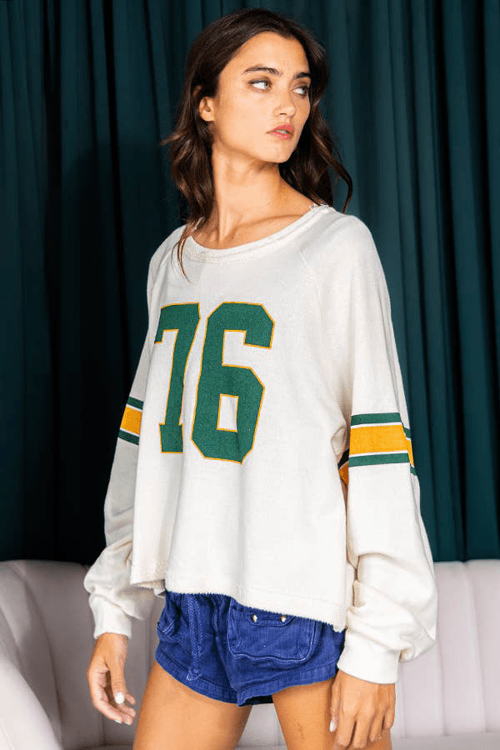 Stylish number 76 top with striped sleeves