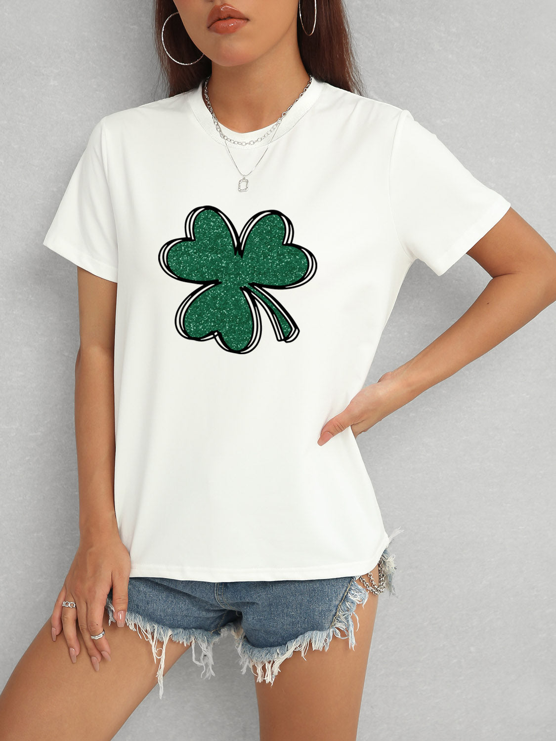 White Lucky Clover Round Neck T-Shirt