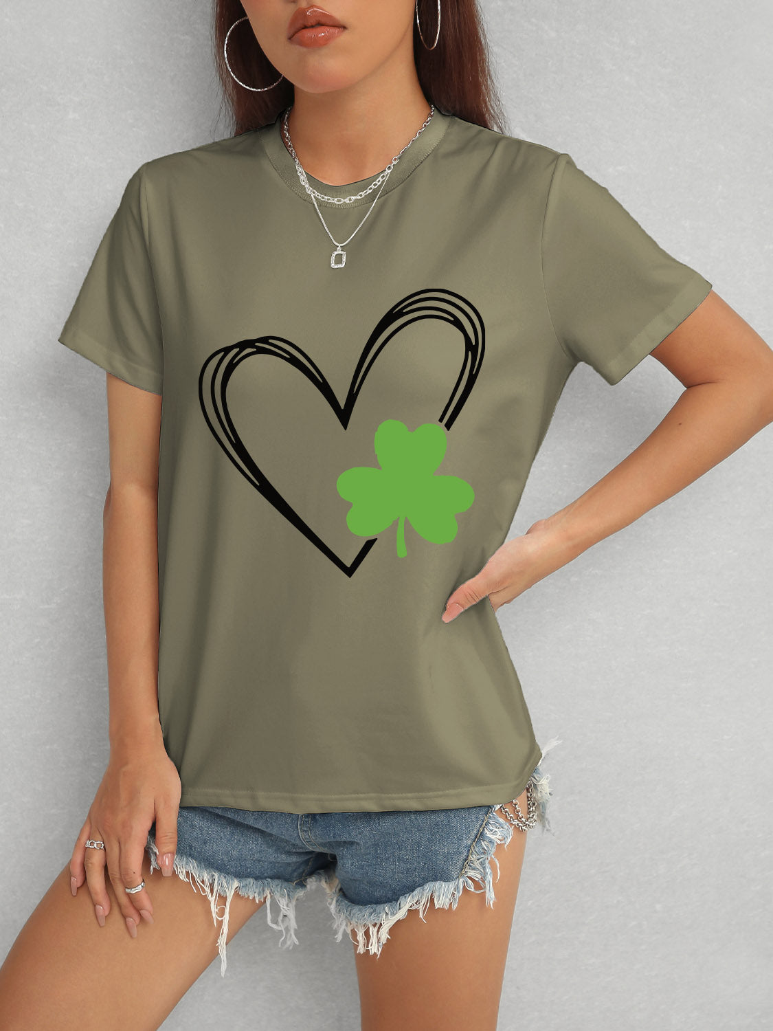 Olive Heart Lucky Clover Short Sleeve T-Shirt