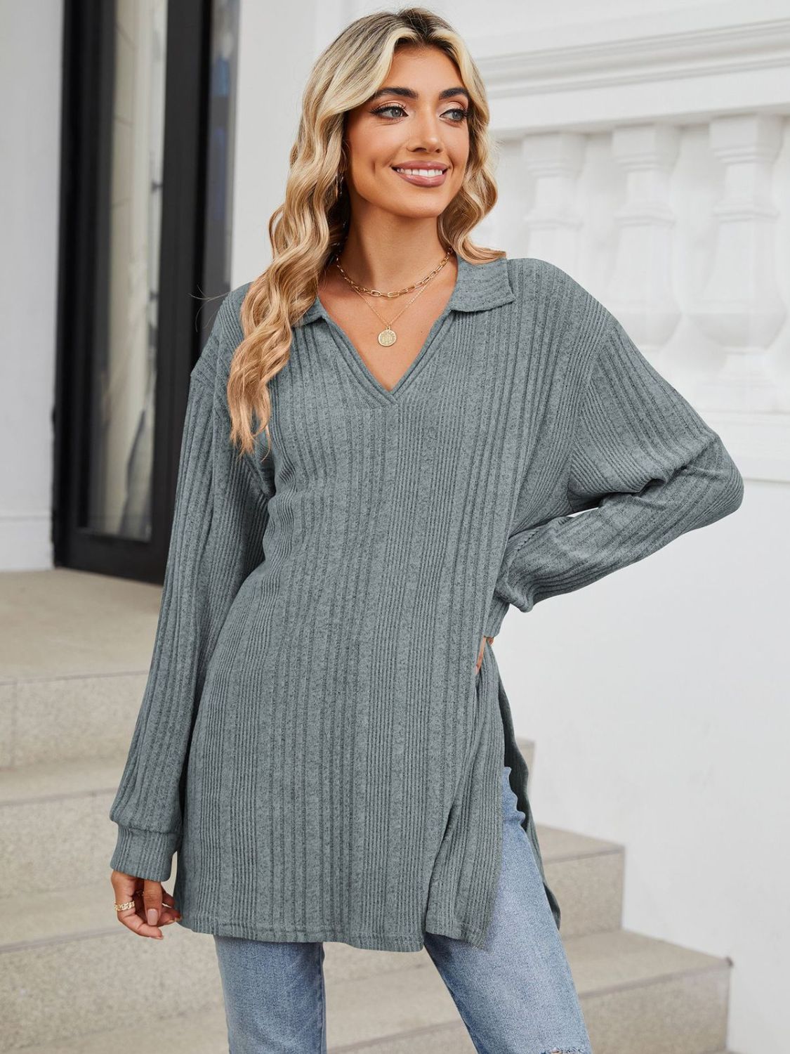 Green slit Johnny collar long sleeve t-shirt front view