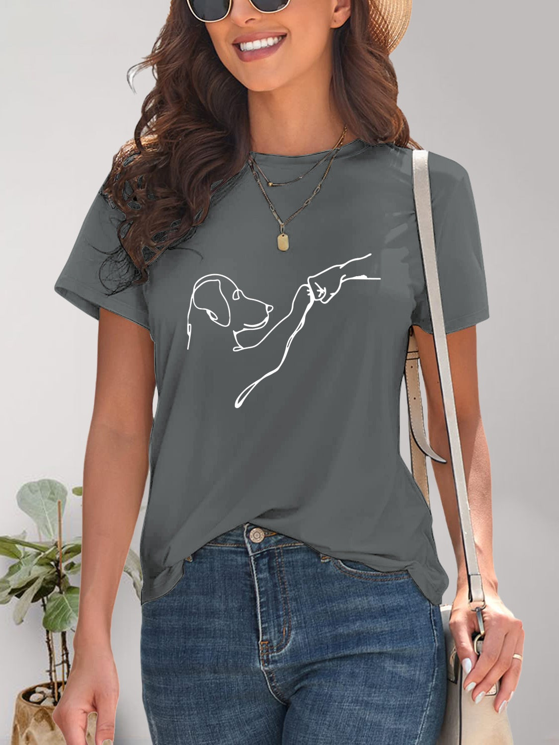Gray dog graphic round neck t-shirt front view