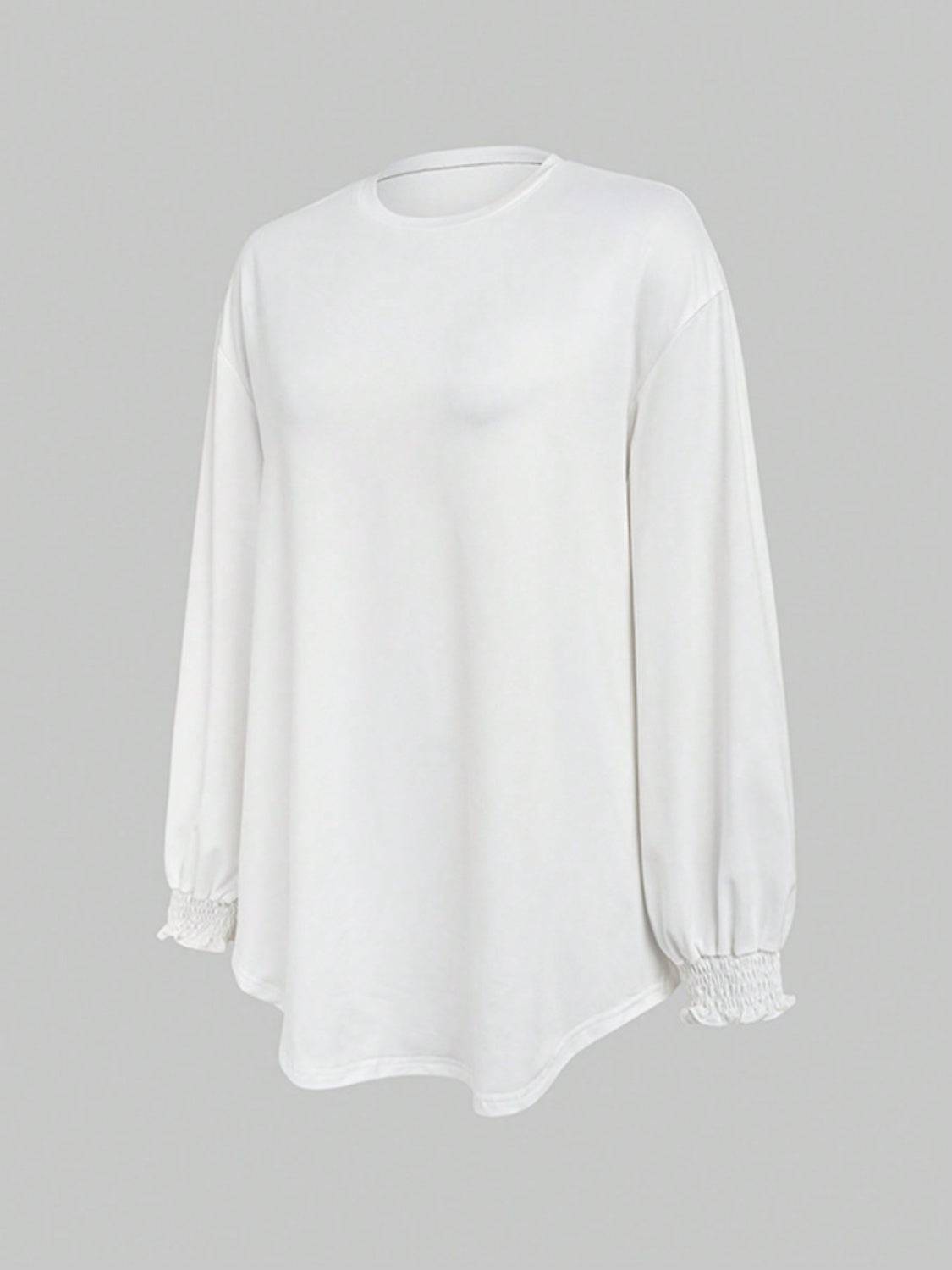 White smocked cuff round neck long sleeve t-shirt angled view