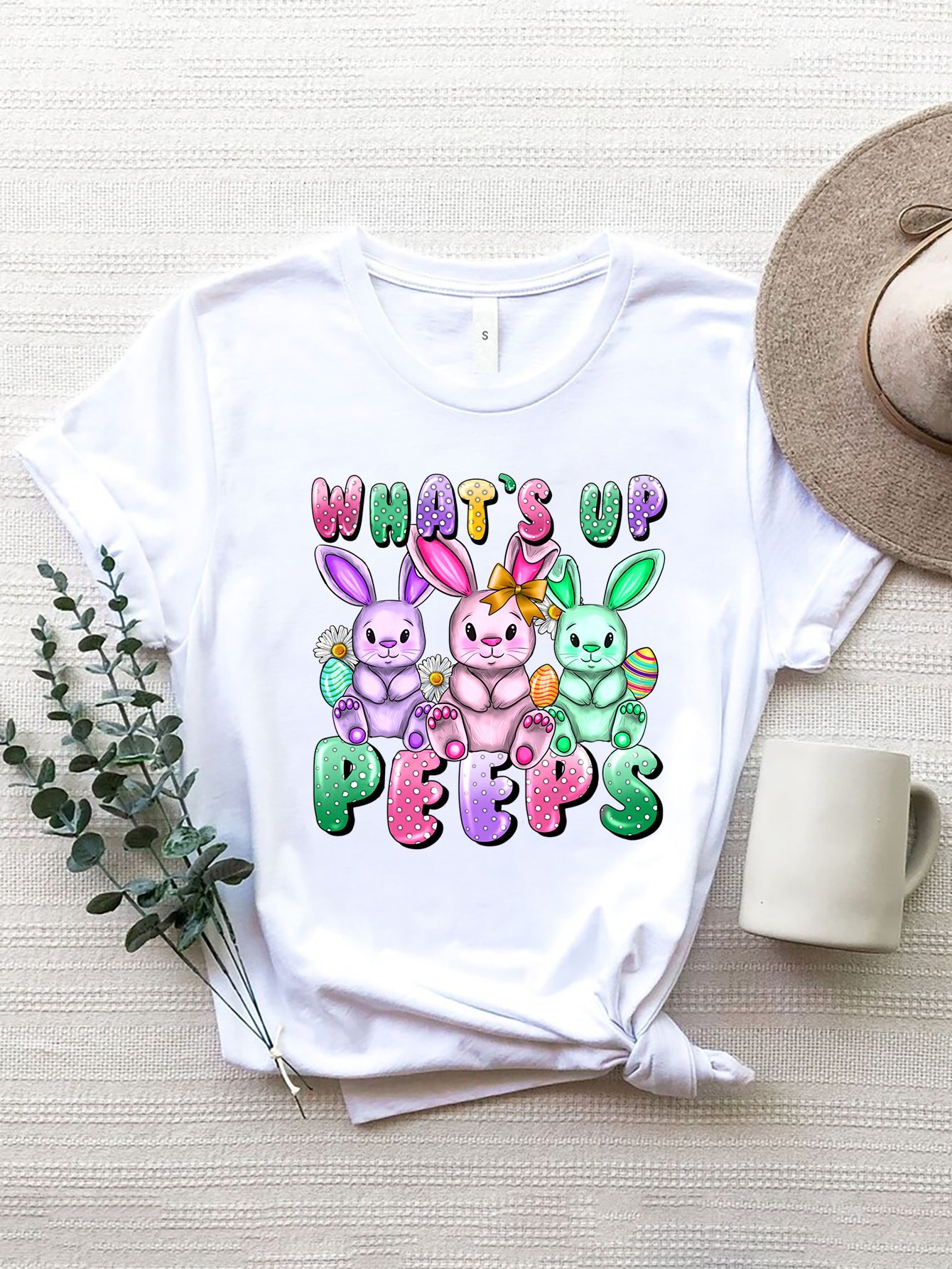 White graphic round neck short sleeve t-shirt with bunny design