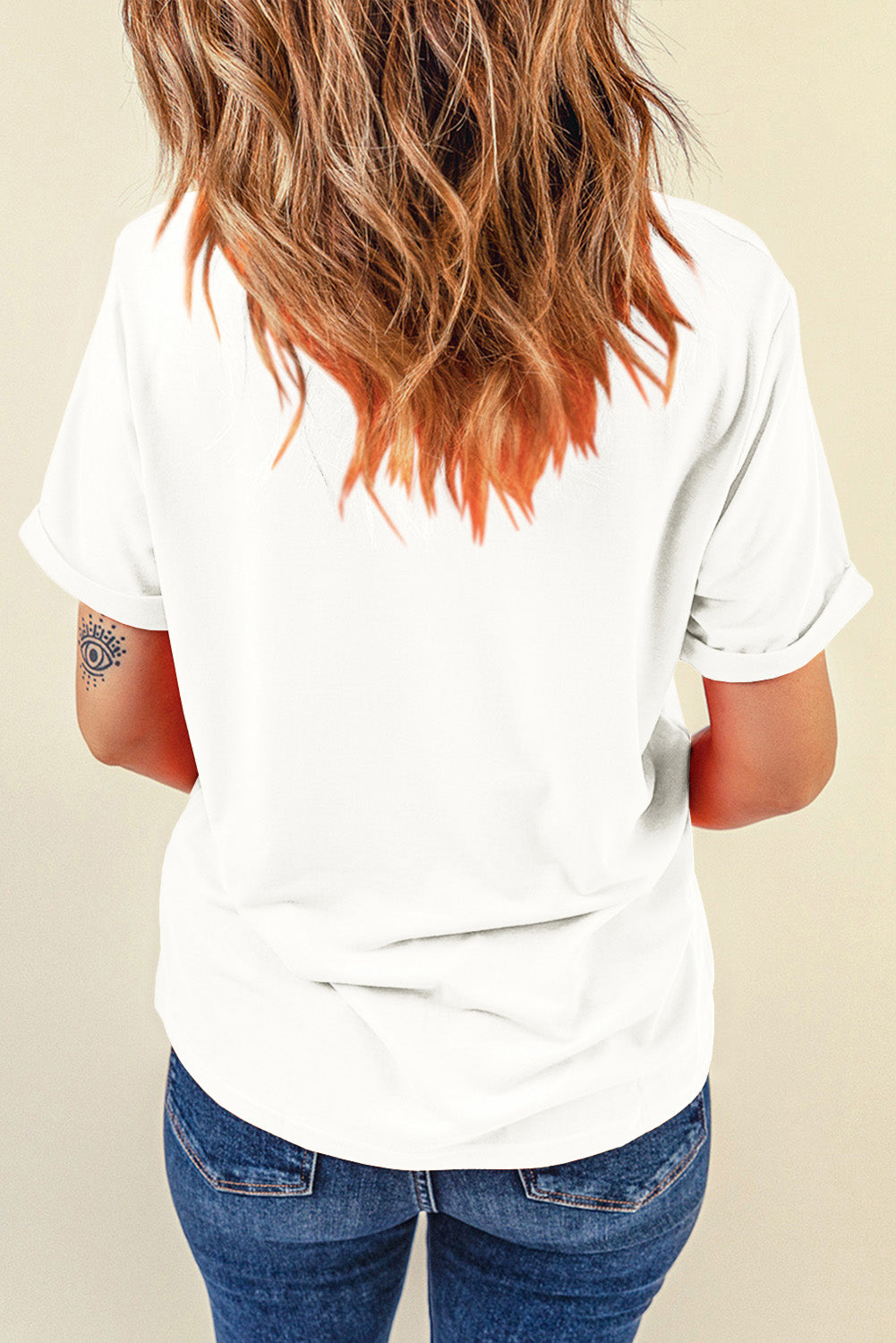 White graphic T-shirt, back view