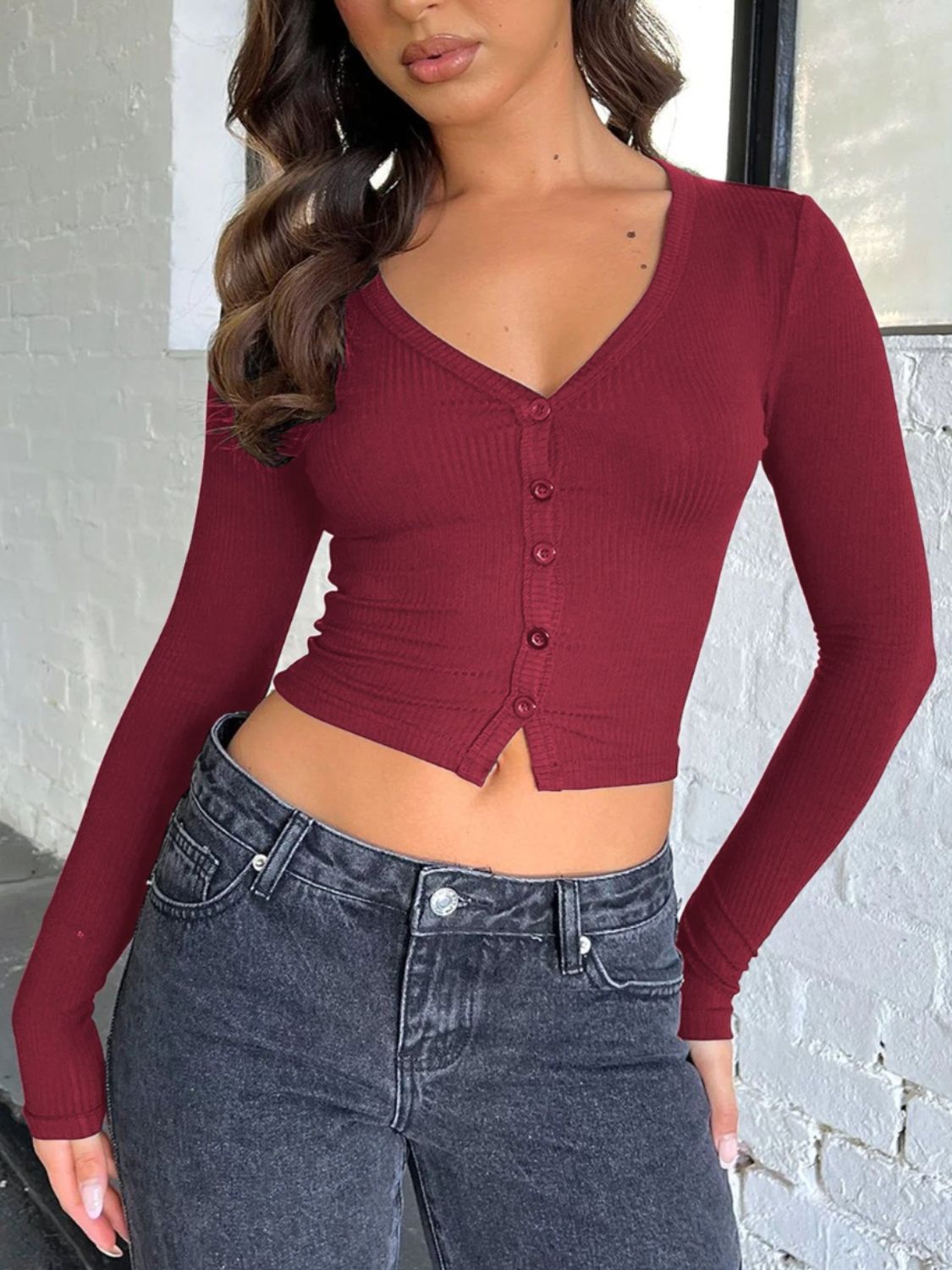 Red buttoned V-neck long sleeve T-shirt, front view