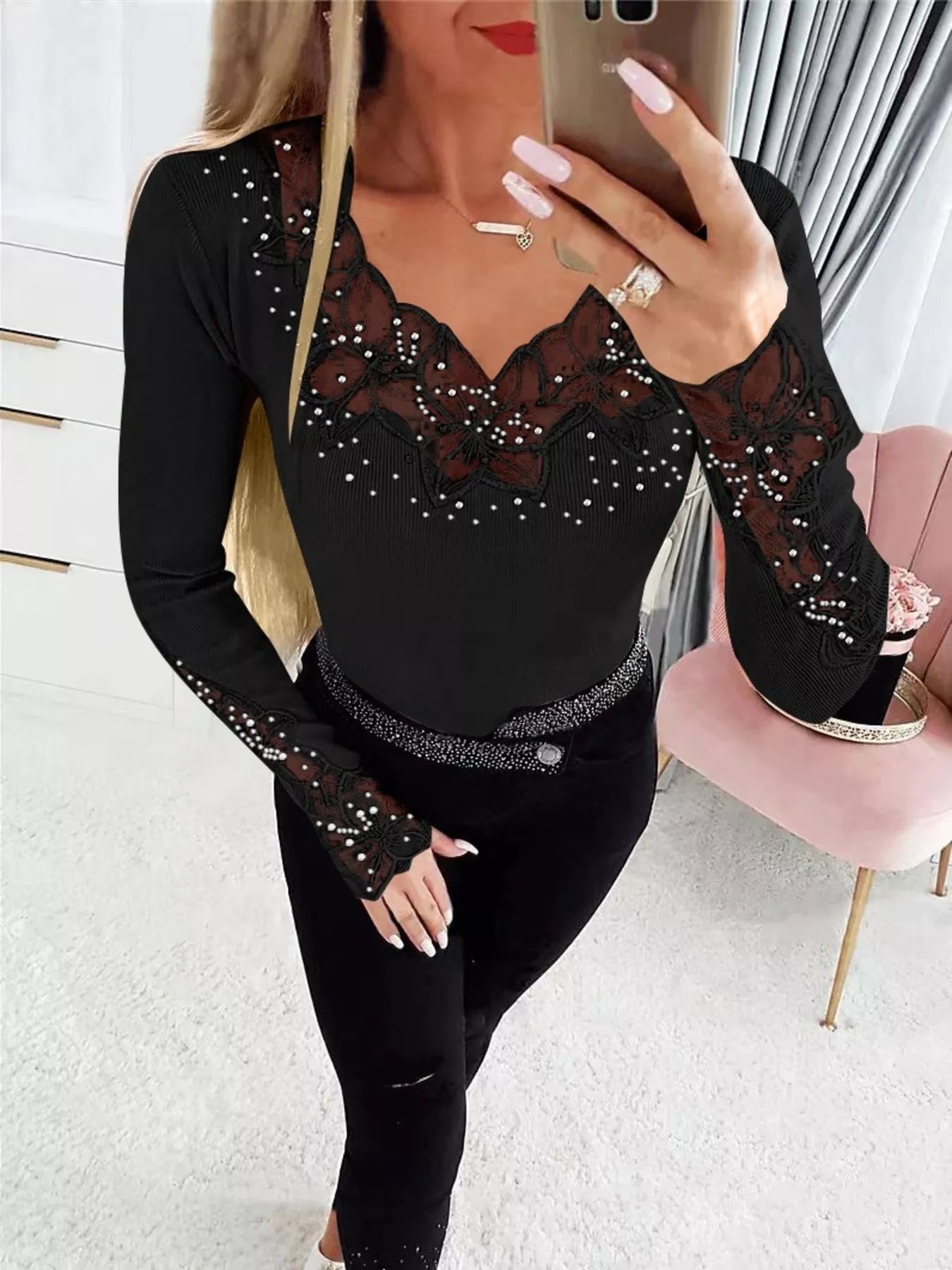 Elegant Lace Trim Long Sleeve Top