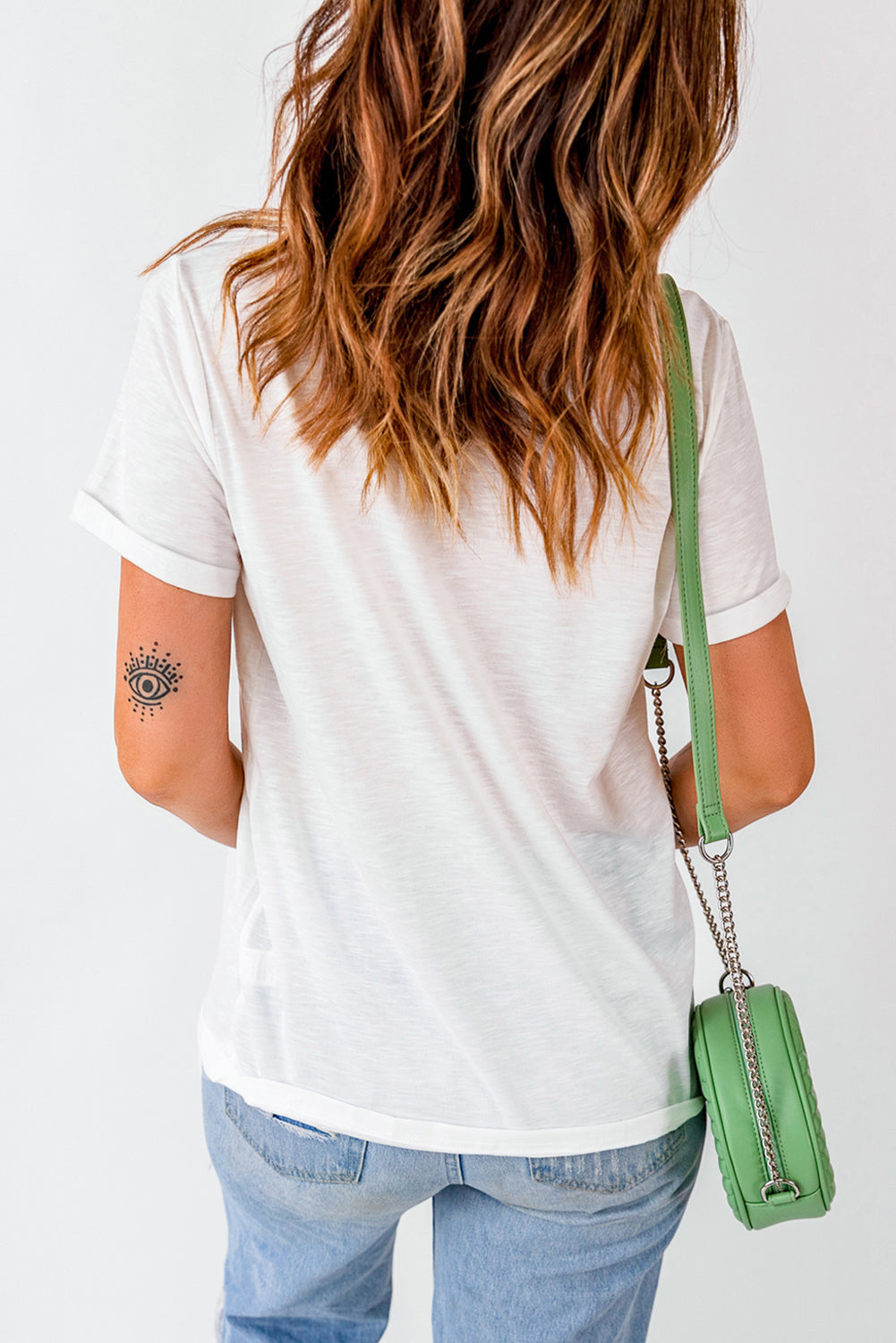 Back view of graphic round neck short sleeve t-shirt