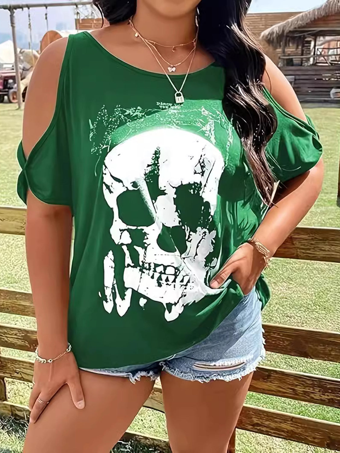 Green plus size skeleton graphic cold shoulder T-shirt